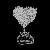 árbol con bolsa, elemento estilo garabato dibujado a mano. plantando árbol con una corona en forma de corazón. plantar árboles jóvenes. trabajar en el jardín. estilo de vector monocromático lineal para logotipos, iconos y emblemas.