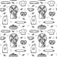 Seamless pattern with mill and baked goods, hand-drawn elements in doodle style. Mill, chef's hat, apron, rolling pin, bread, croissant, and bagel. vector