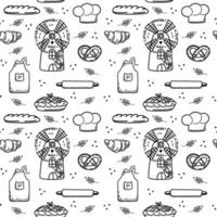 Seamless pattern with mill and baked goods, hand-drawn elements in doodle style. Mill, chef's hat, apron, rolling pin, bread, croissant, and bagel. vector