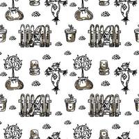 A seamless drawing with a fence, a scarecrow, and a tree in a bag. Hand-drawn doodle-style elements. Cute fence with a dog's head. Wooden fence. Suitable for textiles, wallpaper and packaging. vector