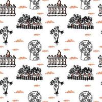A seamless drawing with a windmill, carrot beds, and a scarecrow. Hand-drawn doodle-style elements. Cute windmill with a heart. Suitable for textiles, wallpaper and packaging. vector