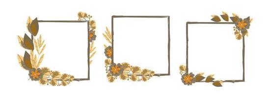 Set of frames with flowers and twigs, hand-drawn elements in cartoon style. Flowers. Templates for postcards. Vector images of plants on white background.