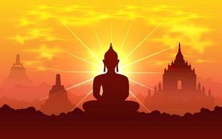 Vesak Day background vector illustration with temple and shinny Lord Buddha silhouette. Celebration Vesak Day Design.