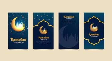 Happy ramadan kareem background with golden crescent moon and mosque silhouette. Ramadhan kareem design Stories Collection. Ramadhan kareem template stories suitable for promotion, marketing etc. vector