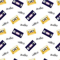 90s pattern. Retro seamless background with video and audio tapes. VHS cassettes. Vector flat illustration for designs, backdrop, textile, fabric