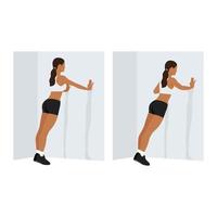 mujer haciendo push up en la pared. ejercicio de prensa de pie. ilustración vectorial plana aislada sobre fondo blanco. conjunto de caracteres de entrenamiento vector