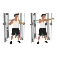 Man doing standing cable chest press exercise, Flat vector illustration isolated on white background. Chest workout