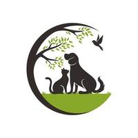 plantilla de diseño de logotipo de tienda de mascotas vectorial. etiqueta de icono de animal moderno para tienda, clínica veterinaria, hospital, refugio, servicios de negocios. fondo de ilustración plana con perro, gato y caballo vector