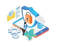 Isometric style illustration of security cloud data storage with big server vector