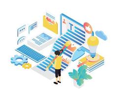 Illustration of people make engage and viral content in isometric style vector