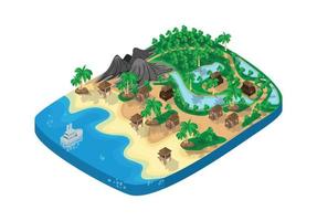 Isometric style illustration of seaside countryside map with plank houses and dirt road vector