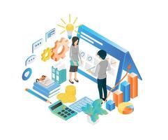 Isometric style illustration of business planning schedule with characters and date vector