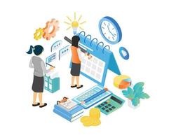 Isometric style illustration of business planning schedule with characters and date vector