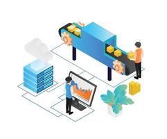 Isometric style illustration of a packing machine with computer controlling operator vector