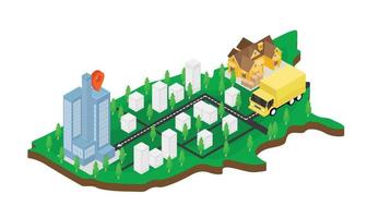 Isometric style delivery order illustration with truck and map vector