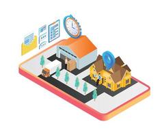 Isometric style delivery order illustration with truck and smartphone vector