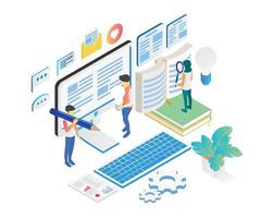 Illustration of people make engage and viral content in isometric style vector