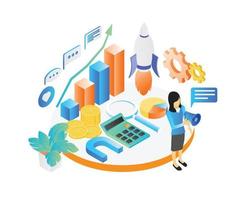 Isometric style illustration about marketing strategy with funnel and character vector