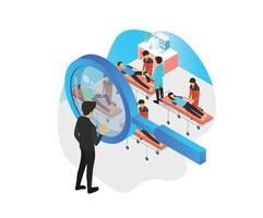 Isometric style illustration of a person looking at activities of a medic from a magnifying glass vector