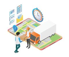 Isometric style delivery order illustration with truck and smartphone vector