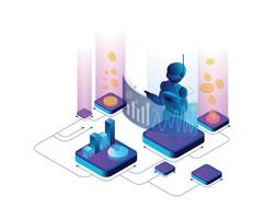 Isometric style illustration of a robot working to earn coins or money vector