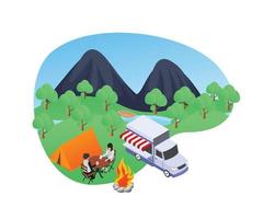 Illustration of a family camping in the forest isometric style vector