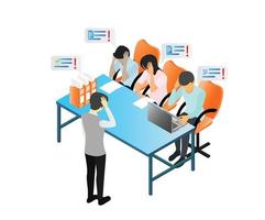 Isometric style illustration about a business team meeting with a character in deep thought vector