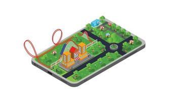 Isometric style illustration of a playground for holidays with roller coasters and characters vector