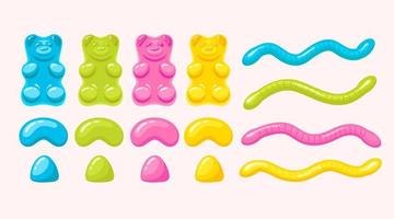 set of colorful fruit sweets and candies with vitamins. gummy bears, worms. vector