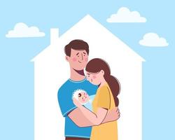 Young family with newborn baby. Woman holds child in her arms. Family is in new house vector
