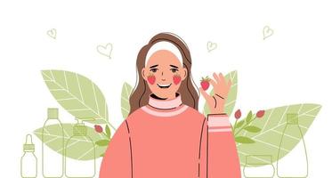 Woman takes care of her face. She is holding a strawberry in her hands. Collection of body and skin care products vector