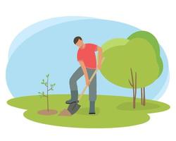 Man with a shovel plants a tree vector
