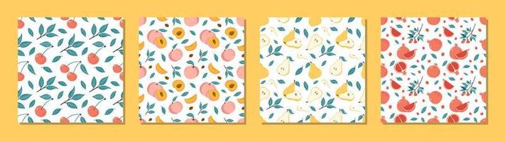 Juicy Fruits Seamless Patterns Set. Collection of Hand Drawn Vibrant Ripe Cherry, Peaches, Pears and Garnets Vector Illustrations for textile prints, wrapping paper, food and juice package design