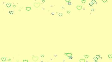 Green heart particle motion background. Faded wallpaper animation with yellow pastel color. Flying bubble.