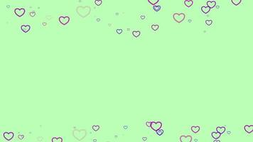 Purple heart particle motion background. Faded wallpaper animation with green pastel color. Flying bubble.