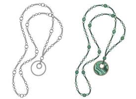 Women's jewelry, green necklace with round pendant. Design element vector