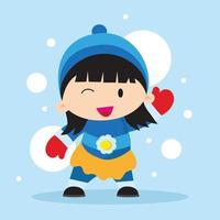 hermoso personaje linda chica jugando en invierno con nieve y fondo azul claro vector