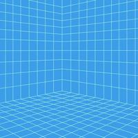 Grid room in perspective, vector illustration in 3d style. Indoor wireframe from blue lines, template interior square, digital empty box. Minimal background design