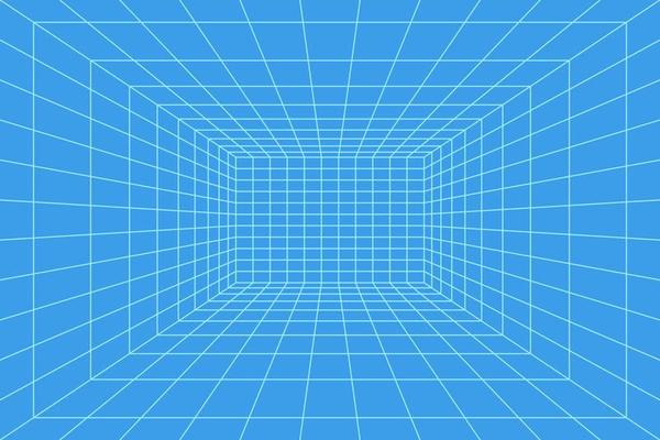 Grid room in perspective, vector illustration in 3d style. Indoor wireframe from blue lines, template interior square, digital empty box. Minimal background design