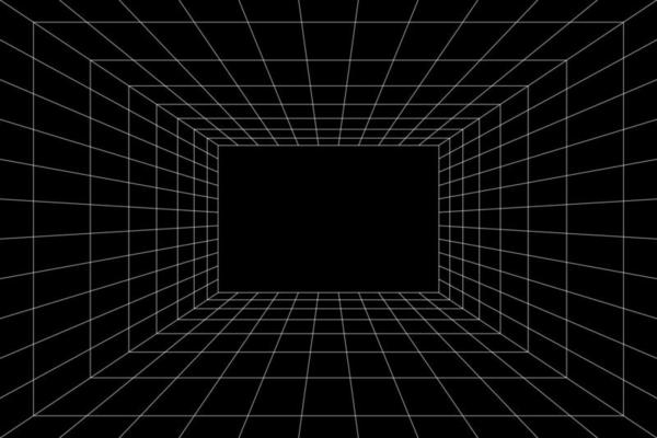 Grid room in perspective, vector illustration in 3d style. Indoor wireframe from white lines, template interior square, digital empty box. Abstract geometric design background