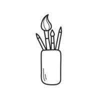 Brushes, pens and pencils in a cup. The outline of the icon drawn by hand. Vector illustration, isolated elements on a white background