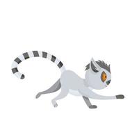 Funny gray lemur runs fast and stretches forward. The fluffy striped tail curves. Cute baby animal in cartoon style. Vector illustration, isolated color elements on a white background