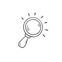 Magnify glass in doodle style, hand drawn sketch. Search symbol icon in cartoon style, vector illuistration. Isolated element on a white background for print and design. Lupe tool for detective