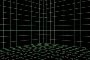 Grid room in perspective, vector illustration in 3d style. Indoor wireframe from green lines, template interior square, digital empty box. Laser beam on black background
