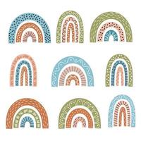 Rainbow set vector illustration, cute pattern on arch in boho style. Scandinavian design for baby print. Collection of simple elements, isolated on white background. Rainbow in trendy color