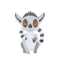 Calm gray lemur sits and hugs itself with a fluffy tail. Cute baby animal in cartoon style. Vector illustration, isolated color elements on a white background