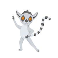 Funny gray lemur dance and waving. The fluffy striped tail curves. Cute baby animal in cartoon style. Vector illustration, isolated color elements on a white background