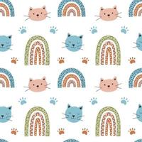 Rainbow and cat seamless pattern vector illustration, cute pattern on arch in boho style. Scandinavian design for baby print. Rainbow and kitten in trendy color