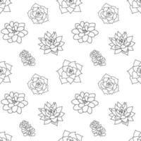 Hand drawn seamless pattern succulent in style outline doodle. Graphics sketch set home desert flower. Vector illustration, isolated black elements on a white background.