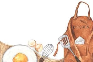 fondo para hornear o cocinar con utensilios de cocina, harina, huevos y delantal marrón. ilustración de acuarela vector